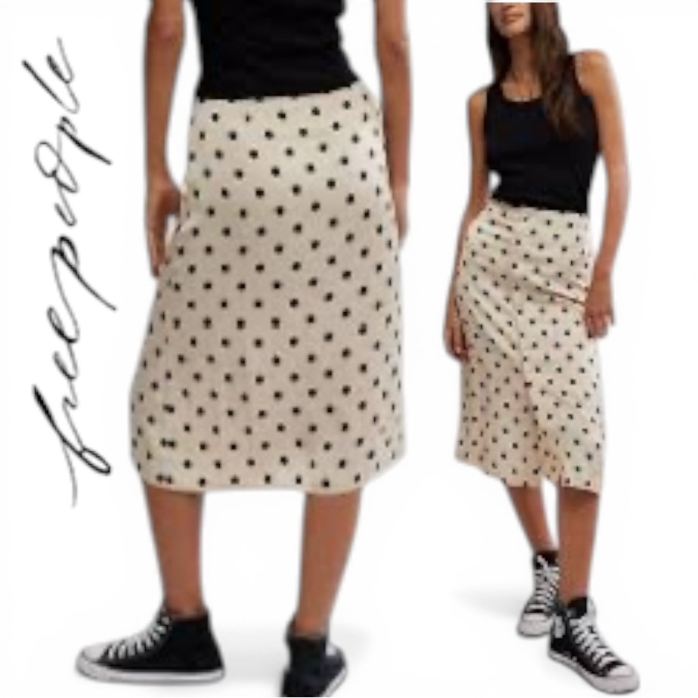 Free People Midi Skirt Women Analise Printed Cream Polka Dot Size 10 NWT